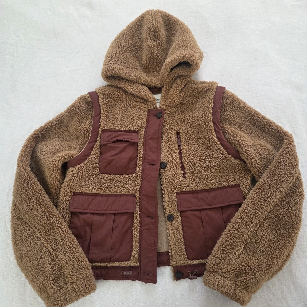 Upwest Brown Soft Teddy Sherpa Hooded Jacket Vest Convertible Womens Small